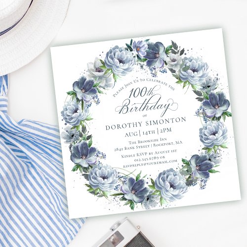 100th Birthday Dusty Blue Flower Wreath Invitation