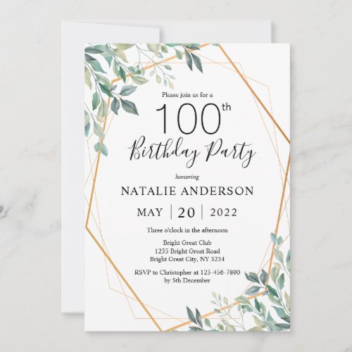 100th Birthday Elegant Eucalyptus Greenery  Gold Invitation