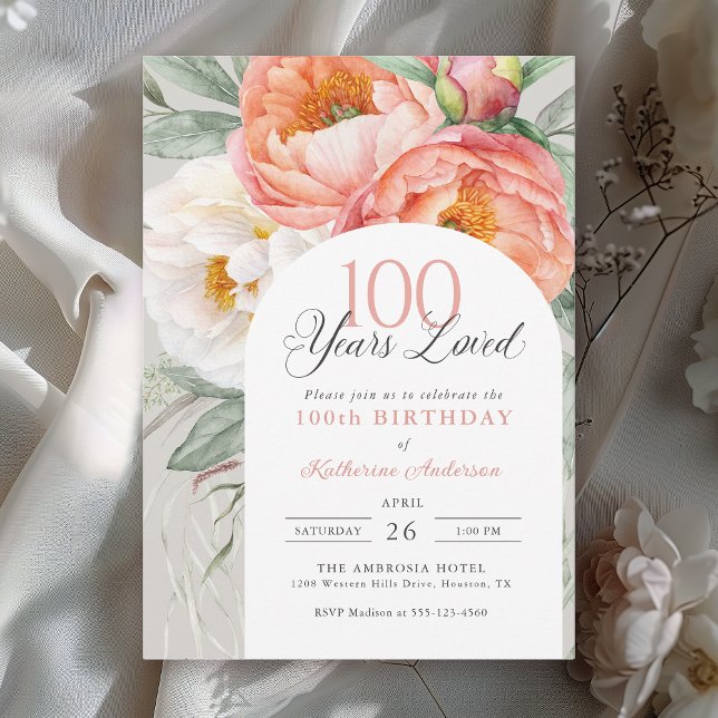 100th Birthday Elegant Feminine Floral Invitation (Available in both printed and instant download digital formats.)