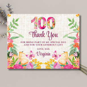 100th Birthday Elegant Floral Linen Thank You Postcard