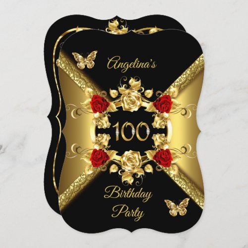 100th Birthday Elegant Gold Red Roses Black Invitation