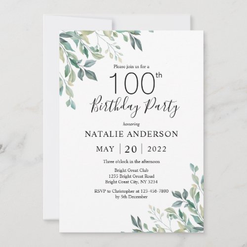 100th Birthday Elegant Green Eucalyptus Greenery Invitation