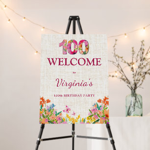 100th Birthday Elegant Linen Floral Welcome Foam Board