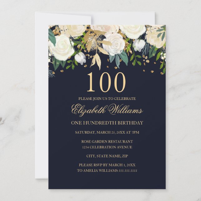 100th Birthday Elegant Navy Gold Floral Invitation (Front)