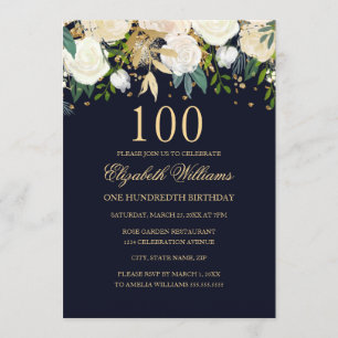 100th Birthday Elegant Navy Gold Floral Invitation