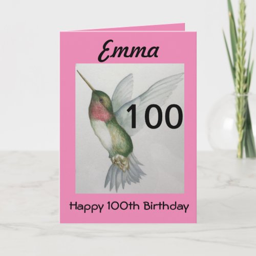 100th Birthday Elegant Pink Hummingbird Watercolor Card