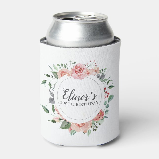 100th Birthday Elegant Pink Rose Floral Can Cooler (Can Front)