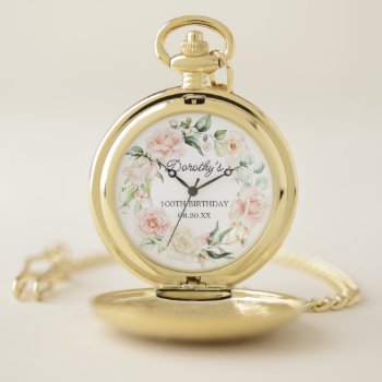 100th Birthday Elegant Pink Rose Floral Wreath Pocket Watch by Celebrais at Zazzle