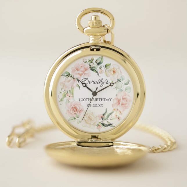 100th Birthday Elegant Pink Rose Floral Wreath Pocket Watch (Inside)