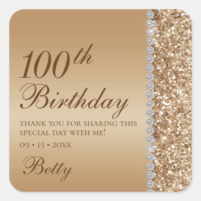 100th Birthday Elegant Square Sticker (Front)
