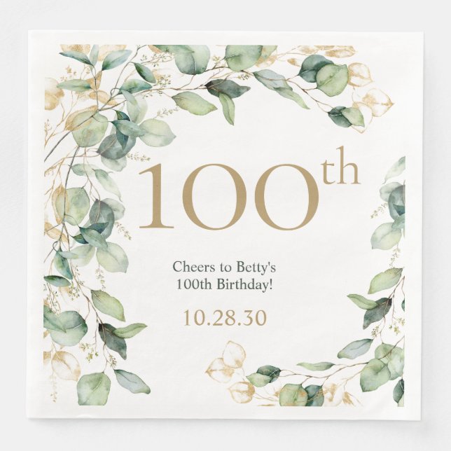 100th Birthday Eucalyptus Paper Dinner Napkins (Front)