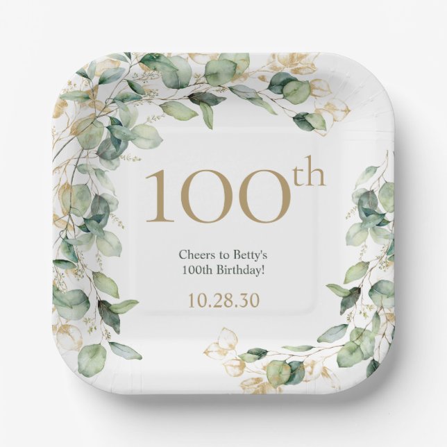 100th Birthday Eucalyptus Paper Plates (Front)