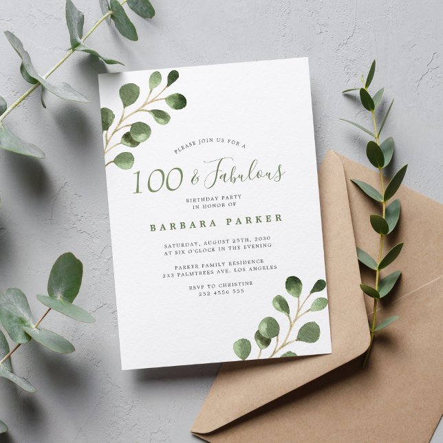 100th birthday eucalyptus simple elegant party invitation (Creator Uploaded)