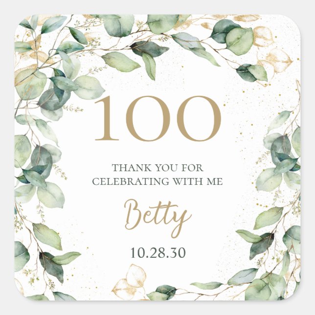 100th Birthday Eucalyptus Thank You Square Sticker (Front)