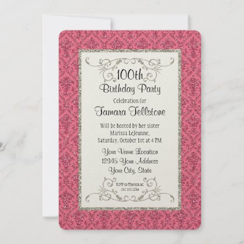 100th Birthday Faux Gold Glitter Damask Pattern Invitation