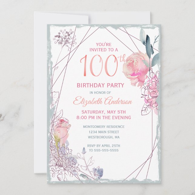 100th Birthday Floral Blush Rose Watercolor Party Invitation (Front)