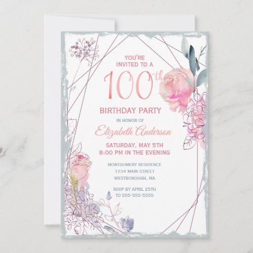 100th Birthday Floral Blush Rose Watercolor Party Invitation