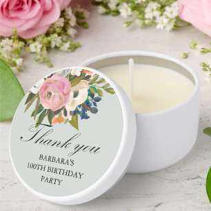100th Birthday Floral Favor Thank you Name Date Mini Candle Favors