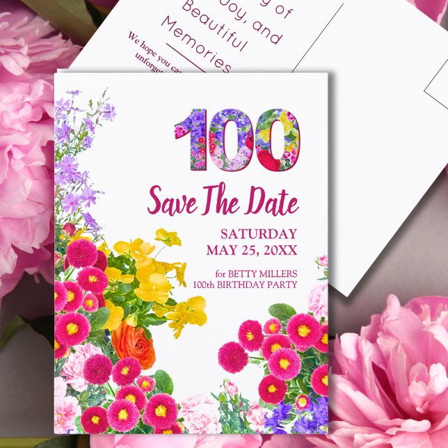 100th Birthday Floral Flowers Modern 100 Years Announcement Postcard (Creator Uploaded)
