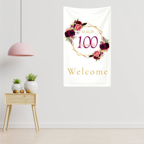 100th birthday floral geometric white burgundy banner