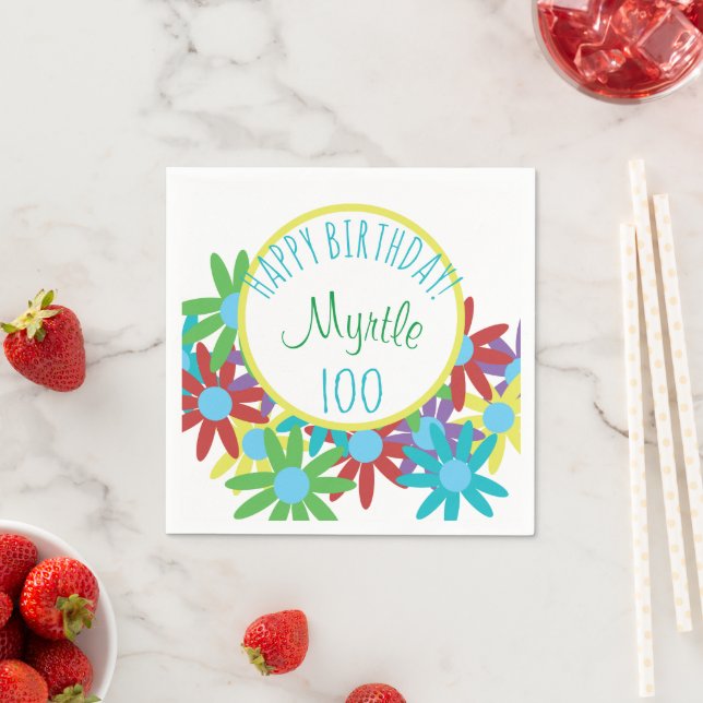100th Birthday Floral Personalized Paper Napkins (Insitu)