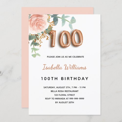100th birthday floral rose gold eucalyptus foliage invitation