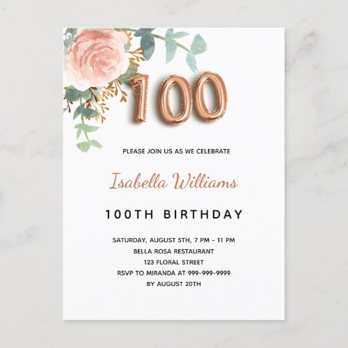 100th birthday floral rose gold eucalyptus foliage invitation postcard