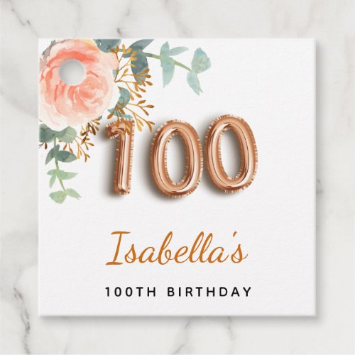 100th birthday floral rose gold eucalyptus name favor tags