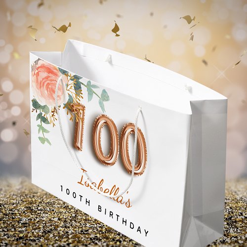 100th birthday floral rose gold eucalyptus name large gift bag