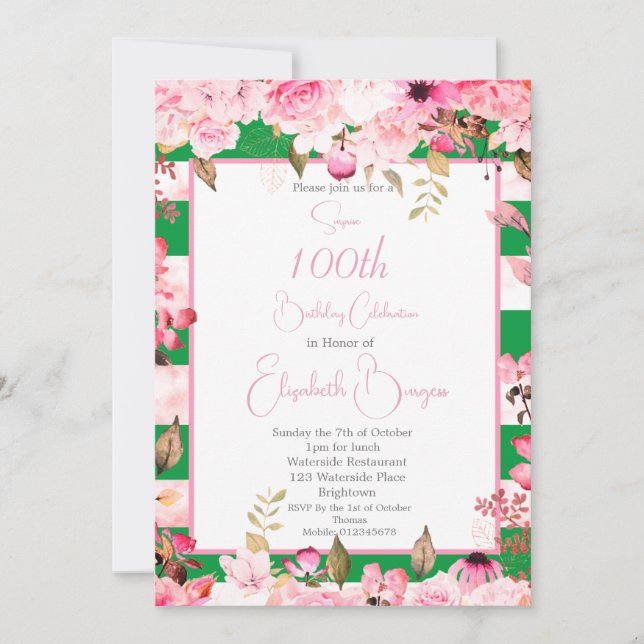 100th Birthday Floral Rose Green Pink Stripe  Invitation (Front)