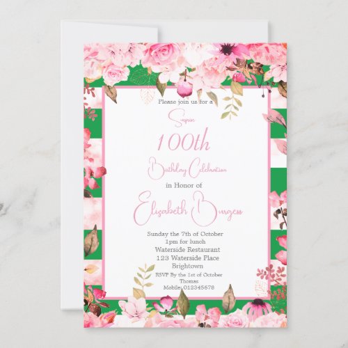 100th Birthday Floral Rose Green Pink Stripe  Invitation