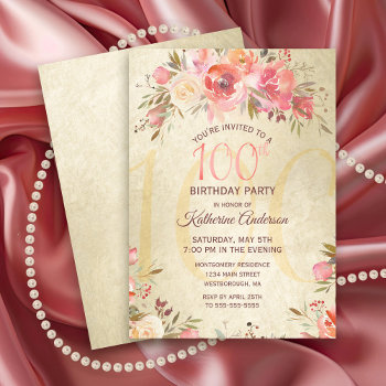 100th Birthday Floral Roses Gold Shimmer Party Invitation by ilovedigis at Zazzle