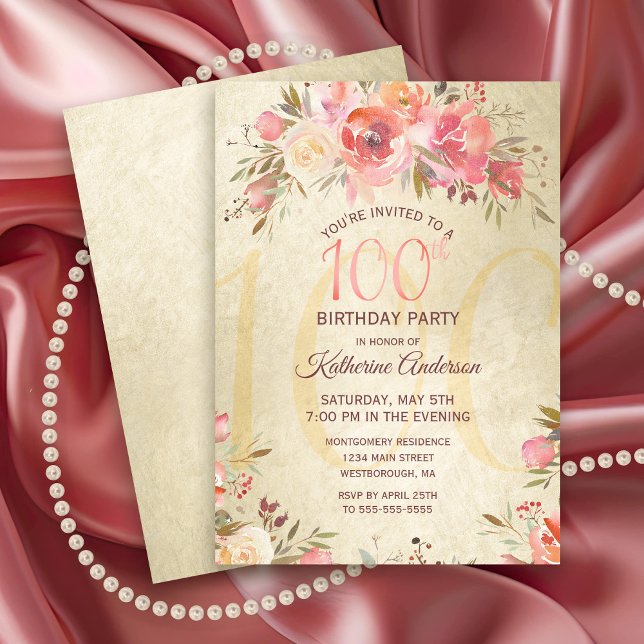 100th Birthday Floral Roses Gold Shimmer Party Invitation (Elegant 100th Birthday Party Invitation with Pink Roses on a gold shimmer background.)