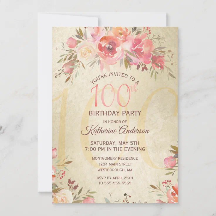 100th Birthday Floral Roses Gold Shimmer Party Invitation | Zazzle