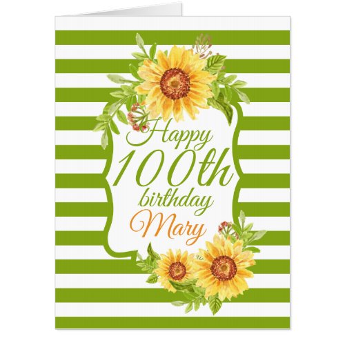 100th Birthday Floral Watercolor Sunflower Green  Card