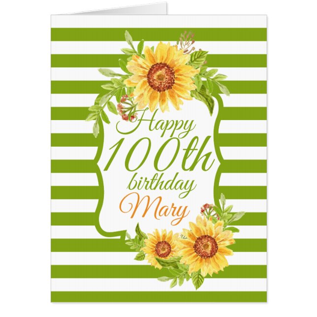 100th Birthday Floral Watercolor Sunflower Green  Card (Front)
