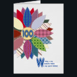 100th birthday for mother, stitched flower<br><div class="desc">100th birthday card for mother. A wonderful birthday card for a friend who enjoys sewing. Send your birthday greetings with this beautiful quilted flower. Each petal is a different pattern with white stitching. Your quilting mother will love this birthday card. A lovely verse inside completes this birthday card to say...</div>