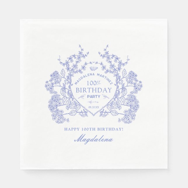 100th Birthday French Blue Floral Crest Custom Napkins (Front)