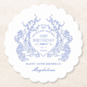 100th Birthday French Blue Floral Crest Custom Paper Coaster