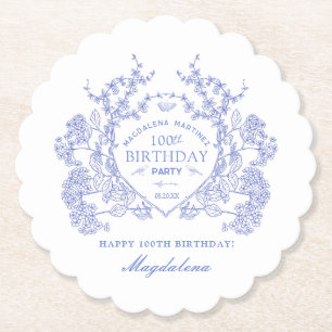 100th Birthday French Blue Floral Crest Custom Paper Coaster