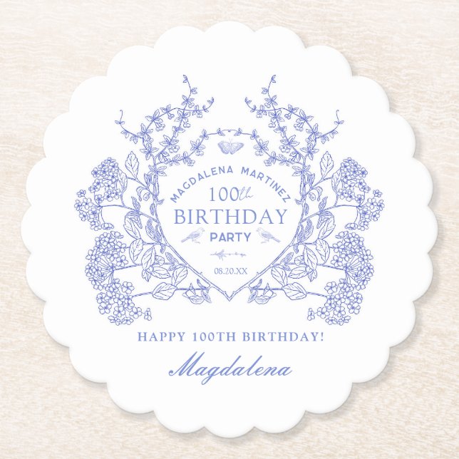 100th Birthday French Blue Floral Crest Custom Paper Coaster (Front)