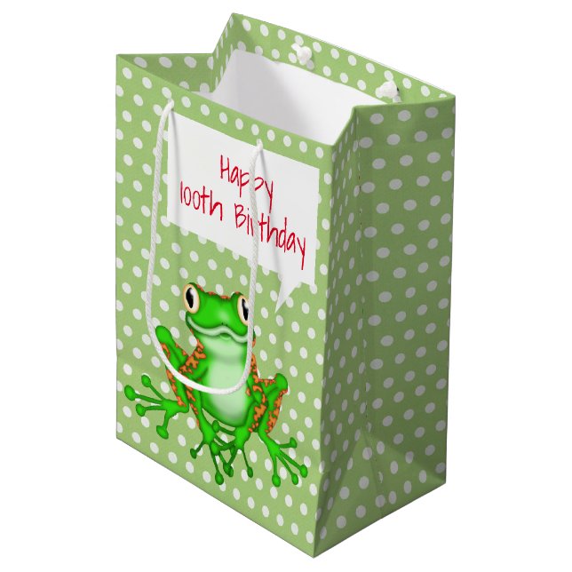 100th Birthday Frog on Polka Dots  Medium Gift Bag (Front Angled)