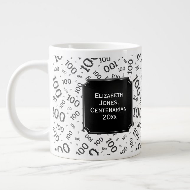100th Birthday Gift Black Random Number Pattern Giant Coffee Mug (Left)