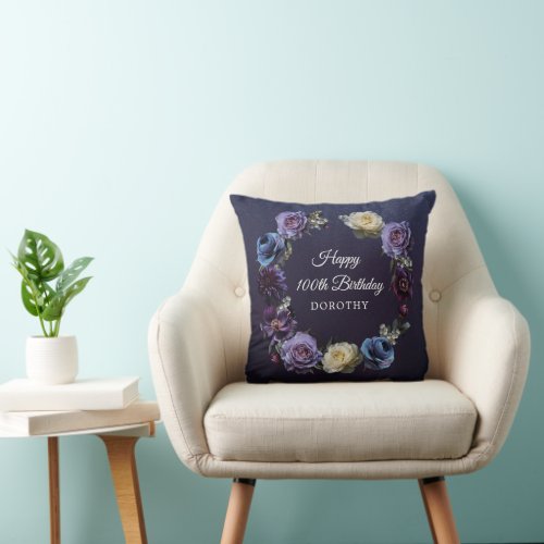 100th Birthday Gift Custom Moody Purple Flower Throw Pillow