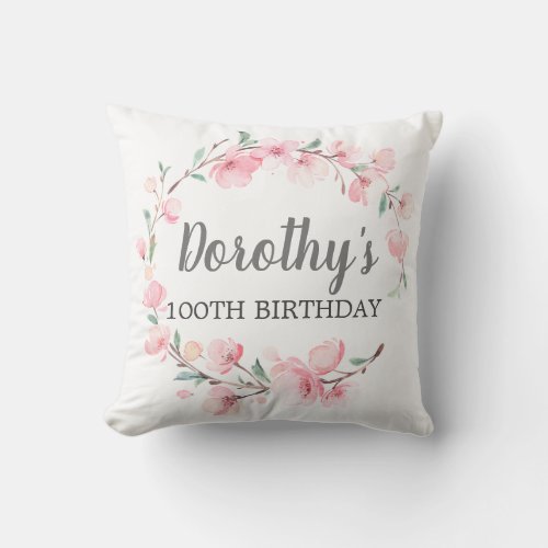 100th Birthday Gift Pink Cherry Blossom Floral Throw Pillow