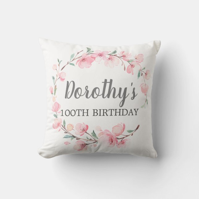 100th Birthday Gift Pink Cherry Blossom Floral Throw Pillow (Front)