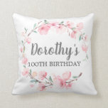 100th Birthday Gift Pink Cherry Blossom Floral Throw Pillow<br><div class="desc">Pretty pink cherry blossoms are nestled in green leaves to create an elegant wreath that surrounds the birthday celebrant's name and birthday</div>