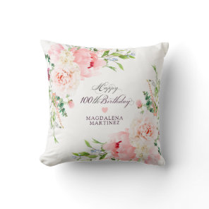 100th Birthday Gift Pink Floral Personalized Throw Pillow