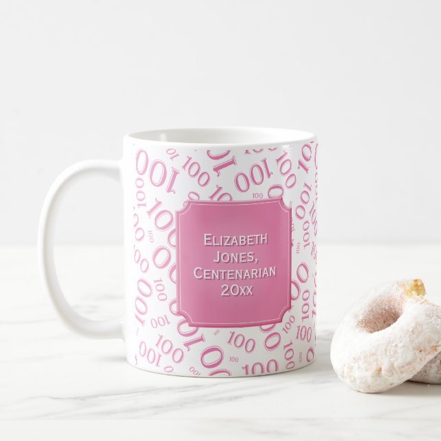 100th Birthday Gift Pink Random Number Pattern Coffee Mug (With Donut)