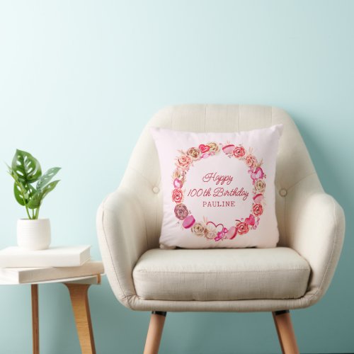 100th Birthday Gift Pink Roses Swirly Heart Throw Pillow